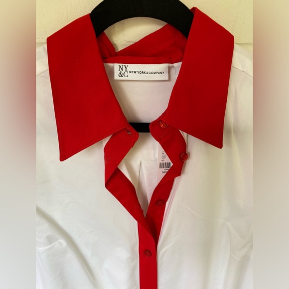 NWT NEW YORK & Co. White button down Tunic Shirt Red Yellow & Blue Cuffs Sz M - Picture 2 of 16